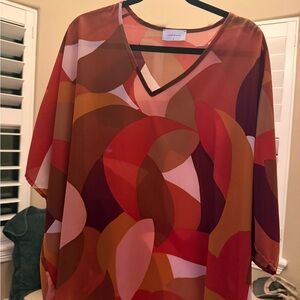 Adrienne Red and Brown V-Neck Blouse
